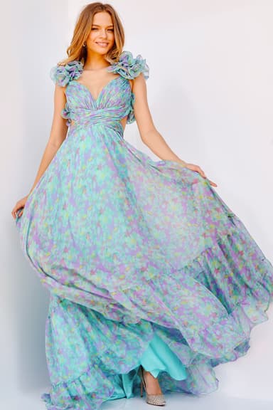 Print Ruffle Shoulders Maxi Dress