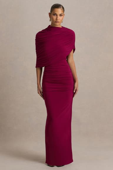 Burgundy High-Neck Maxi Dress With Cape Sleeve